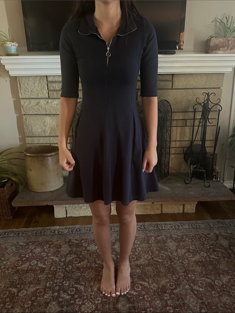 Navy Zip-Front Fit & Flare Mini Dress